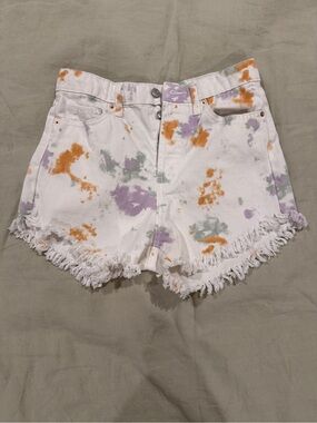 wild fable White Tie-Dye Frayed Denim Shorts with Orange, Purple, Sage Accents